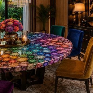 May include: A round dining table featuring a vibrant, multi-colored kaleidoscopic pattern across its surface, supported by a dark, curved pedestal base. The table is surrounded by several upholstered chairs in shades of purple, blue, and gold.