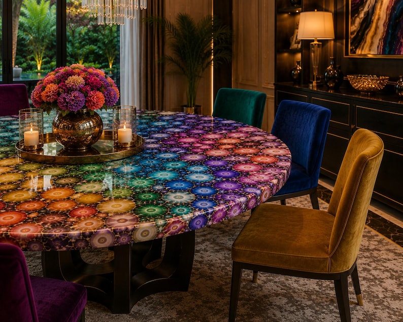 May include: A round dining table featuring a vibrant, multi-colored kaleidoscopic pattern across its surface, supported by a dark, curved pedestal base. The table is surrounded by several upholstered chairs in shades of purple, blue, and gold.