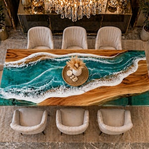 Mesa de comedor de resina con borde natural, inspirada en el océano: una pieza de lujo costera que marca tendencia.