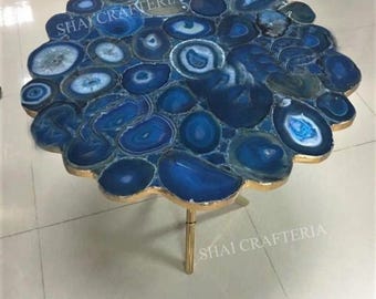 Tablero de mesa de ágata azul hecho a mano: Losa de piedra natural