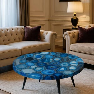 Blue Agate Stone Table Top: Luxury Handmade Gemstone Decor