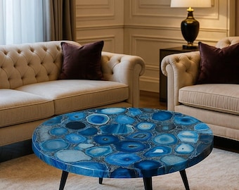Blue Agate Stone Table Top: Luxury Handmade Gemstone Decor