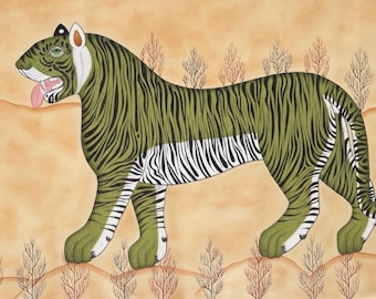 May include: An illustration of a green tiger with black stripes, a pink tongue, and white accents. The tiger is walking across a tan landscape with small trees. The artwork has a whimsical, folk art style.