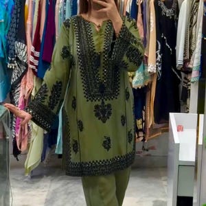 Pakistani Designer Chinon Silk fully embroidered Sequence Work Readymade Salwar Kameez Stitched Wedding Wear Suits
