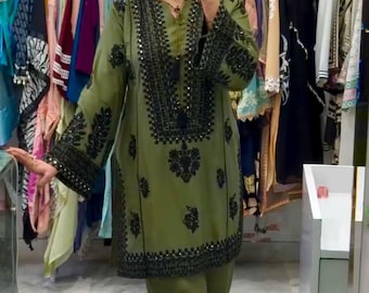 Pakistani Designer Chinon Silk fully embroidered Sequence Work Readymade Salwar Kameez Stitched Wedding Wear Suits
