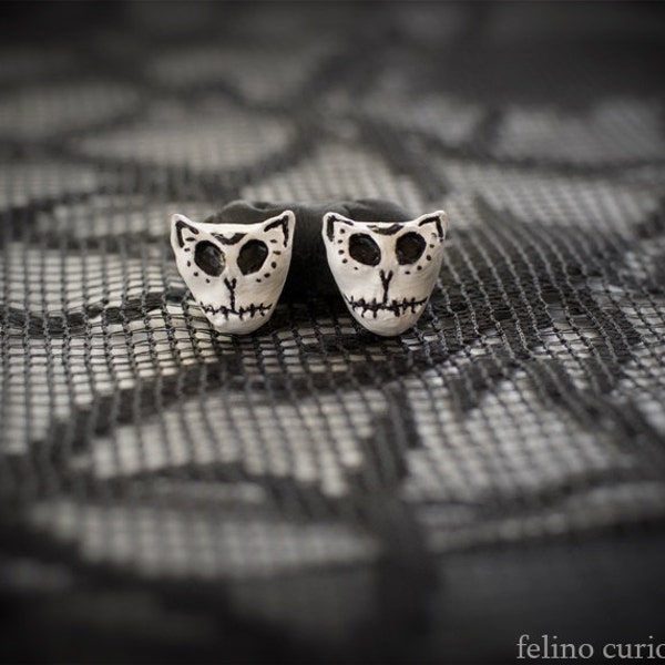 Cat Day of the Dead earrings - MADE TO ORDER gift under 15 dollar, Dia de los Muertos, kitty skull, unique cat gift,