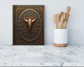 Peut inclure: Un livre décoratif avec un motif de tête de taureau doré sur fond bleu foncé. Le livre est présenté sur un comptoir en marbre à côté d'un pot à ustensiles blanc avec des ustensiles de cuisine en bois.