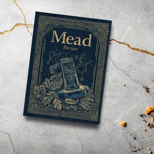 May include: A navy blue book with the title "Mead Recipe" in gold lettering. The cover illustration depicts a mead-making vessel, oak leaves, and steam. The book is set on a textured grey surface with gold accents.