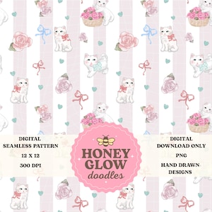 May include: Digital seamless pattern featuring white cats with pink bows, roses, and ribbons on a striped background. The design includes hearts and a pink logo with the text "HONEY GLOW doodles". The pattern is 12x12 inches and 300 DPI.