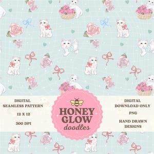 May include: Digital seamless pattern featuring white cats with pink bows, pink roses, and blue bows on a light blue background. The pattern includes a pink and white logo with the text "HONEY GLOW doodles".