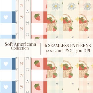 Mjuk Americana picknickkorg sömlöst mönsterpaket | Vintage Cottagecore patriotiska digitala papperspaket