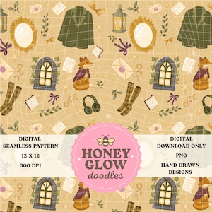 May include: Digital seamless pattern with repeating illustrations of a fox, jacket, socks, books, headphones, and other elements on a beige background. The design includes the text "HONEY GLOW doodles".