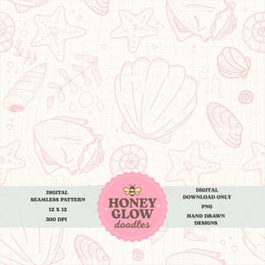 Könnte beinhalten: Ein digitales nahtloses Muster mit handgezeichneten Illustrationen von Muscheln, Seesternen und Wasserpflanzen in einem zarten Rosa. Das Design enthält den Text "Honey Glow doodles" und "Digital Download Only". Das Muster ist 30,48 x 30,48 cm und 300 DPI.