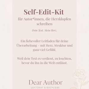 Könnte beinhalten: Beige-cremefarbene Grafik mit dem Text "Self-Edit-Kit" und "Dear Author". Der Text ist in einer Serifenschrift. Die Grafik enthält florale Illustrationen und ein Buchsymbol. Die Grafik ist für Autoren.