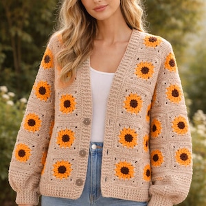 Handgemaakt gehaakt vest met zonnebloemen – boho gebreide trui, festivaljasje