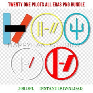 Op de afbeelding: Een verzameling kleurrijke Twenty One Pilots logo's en symbolen. De afbeelding bevat verschillende ontwerpen in rood, geel, blauw en zwart. De tekst bovenaan luidt "TWENTY ONE PILOTS ALL ERAS PNG BUNDLE". De tekst onderaan zegt "300 DPI. INSTANT DOWNLOAD".