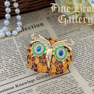 Colorful Enamel Owl Brooch, Crystal - Embellished Animal Pin, Unique Jewelry