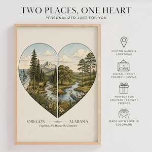 May include: A framed wall art print featuring a heart-shaped illustration divided into two landscapes. The left side shows an Oregon mountain scene with an elk, while the right side depicts an Alabama river scene with a heron. Text reads: TWO PLACES, ONE HEART, OREGON, ALABAMA, Together, No Matter the Distance.