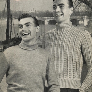 May include: Vintage black and white advertisement featuring two men wearing polo-neck pullovers. The left pullover is a solid color, while the right one has a ribbed design. The advertisement includes text about chest sizes and knitting details.