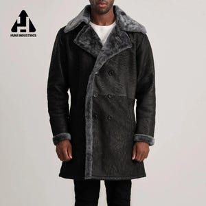 Men’s Black Shearling Leather Coat – Winter Warm Double Breasted Sheepskin Jacket with Faux Fur Collar