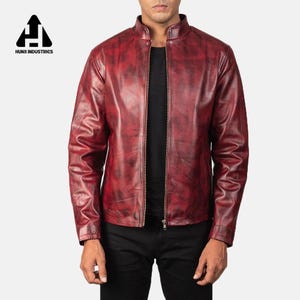 Men&#39;s Red Leather Jacket | Vintage Style Slim Fit Biker Outerwear