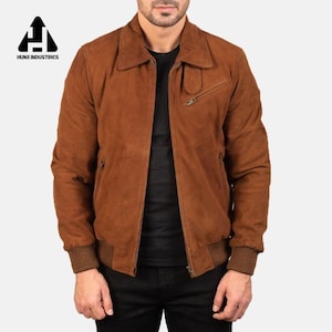 Men&#39;s Brown Suede Bomber Jacket – Classic Leather Look, Zip Pockets, Vintage Style Outerwear