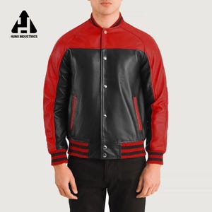Red and Black Leather Varsity Jacket | Men’s Bomber Letterman Jacket | Retro College Style Outerwear
