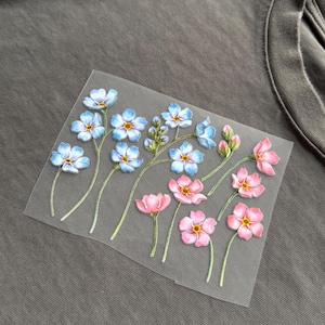 Puede incluir: Un parche floral termoadhesivo con flores azules y rosas, centros amarillos y tallos verdes. El parche se muestra sobre una camiseta gris, mostrando su uso para la personalización de ropa.