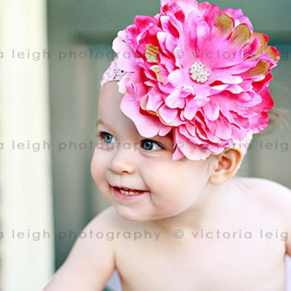 Glamour Large Pink Peony Flower Headband - Perfect Photo Prop