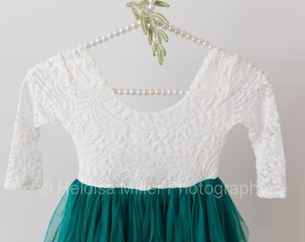 Kate  Dress - Girls Emerald Green - Girls 5/6 Years Dress - Lace Tulle Green Dress - Holidays Girl Dress - Christmas Dress - READY TO SHIP
