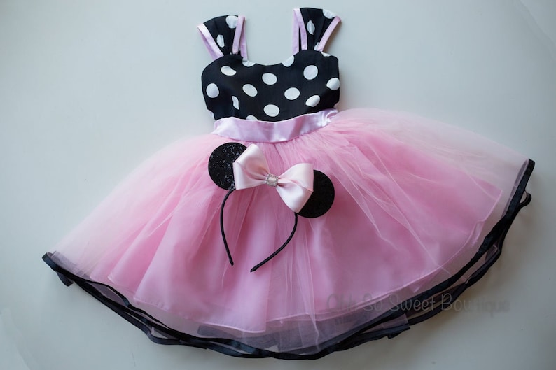 Girls Minnie Mouse Dress and Ears Set 1st 2nd Minnie Mouse Birthday Adorable Pink and Black Minnie Mouse Outfit Princess Minnie