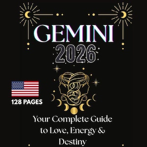 May include: A black book cover with the title "GEMINI 2026" in white and purple. The cover features a gold illustration of two faces, stars, and crescent moons. The American flag and the text "128 PAGES" are also visible.
