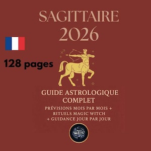 Könnte beinhalten: Ein weinrotes Buchcover mit dem Titel "SAGITTAIRE 2026" und der französischen Flagge. Das Cover zeigt eine goldene Illustration eines Zentaur-Schützen und den Text "128 Seiten". Zusätzlicher Text lautet "GUIDE ASTROLOGIQUE COMPLET".