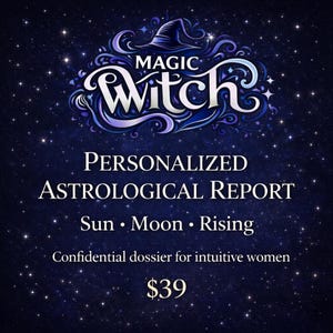 Könnte beinhalten: Dunkelblaue Grafik mit den Worten "MAGIC Witch" in weißer Schrift, über dem Text "PERSONALIZED ASTROLOGICAL REPORT Sun • Moon • Rising." Der Text "Confidential dossier for intuitive women" und der Preis "39 €" sind ebenfalls enthalten.