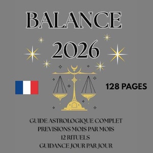 Könnte beinhalten: Ein grauer Buchumschlag mit dem Wort "BALANCE" über "2026". Der Umschlag zeigt eine goldene Waage-Illustration, Sternschnuppen und die französische Flagge. Der Text enthält "128 PAGES" und französische Sätze über astrologische Beratung.
