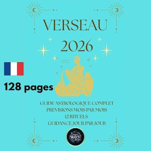 Könnte beinhalten: Ein türkisfarbener Buchumschlag mit dem Titel "VERSEAU 2026" in Gold. Er zeigt eine goldene Illustration einer Figur, die Wasser gießt, die französische Flagge und den Text "128 Seiten". Zusätzlicher Text enthält "GUIDE ASTROLOGIQUE COMPLET".