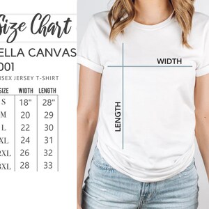 The image is a size chart for a white t-shirt, showing the measurements for different sizes.