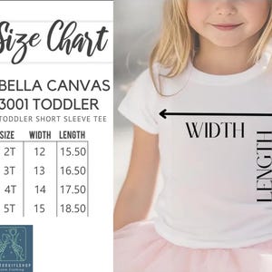 The image is a size chart for a toddler's t-shirt, showing the measurements for different age groups.