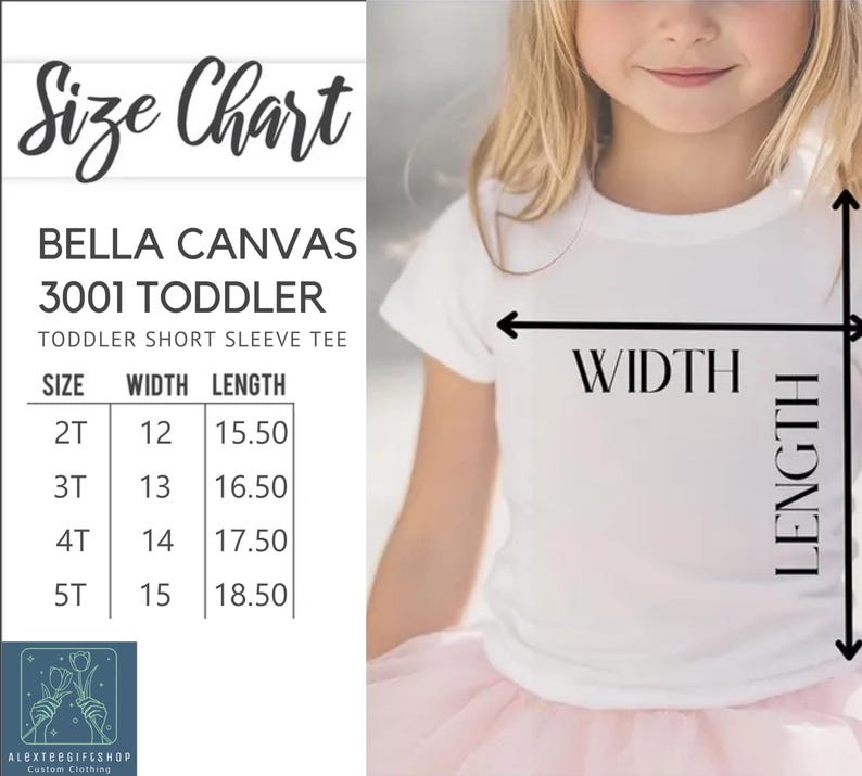 The image is a size chart for a toddler's t-shirt, showing the measurements for different age groups.