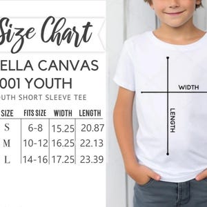 The image is a size chart for a youth short sleeve t-shirt, showing the measurements for different age groups.