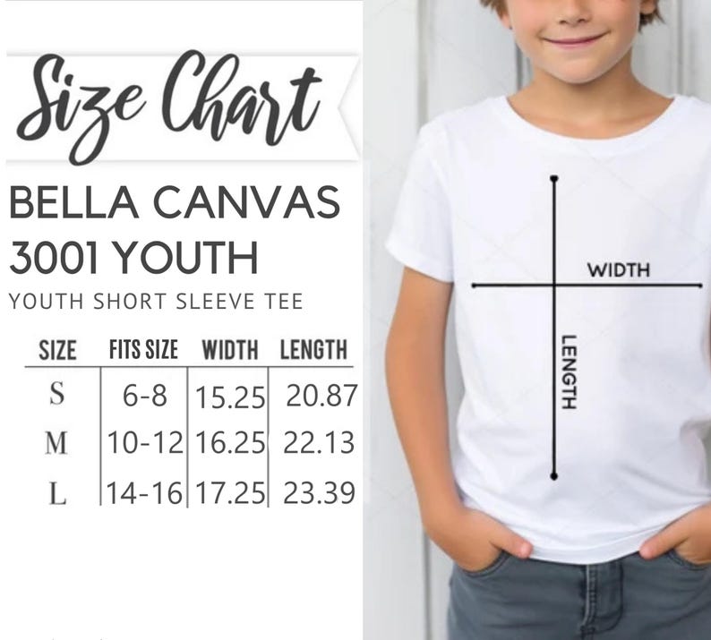 The image is a size chart for a youth short sleeve t-shirt, showing the measurements for different age groups.