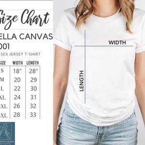The image is a size chart for a white t-shirt, showing the measurements for different sizes.