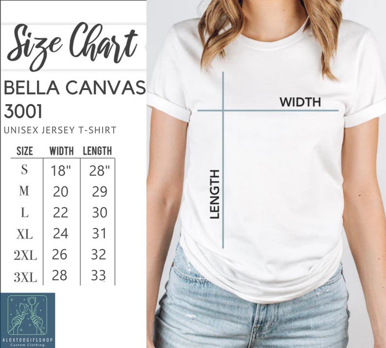 The image is a size chart for a white t-shirt, showing the measurements for different sizes.