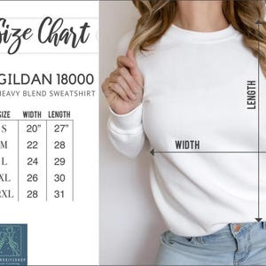 The image is a size chart for a GILDA 18000 heavy blend sweatshirt. It shows the size and width measurements for different sizes, including S, M, L, XL, and 2XL. The chart also includes a diagram of a person wearing the sweatshirt, indicating the measurements.