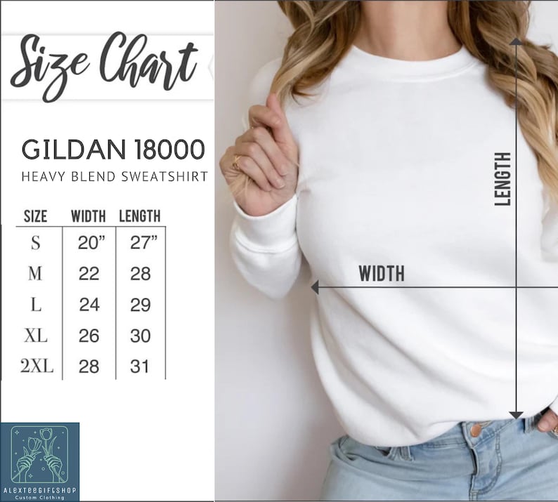 The image is a size chart for a GILDA 18000 heavy blend sweatshirt. It shows the size and width measurements for different sizes, including S, M, L, XL, and 2XL. The chart also includes a diagram of a person wearing the sweatshirt, indicating the measurements.