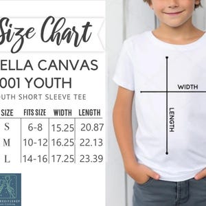 The image is a size chart for a youth short sleeve t-shirt, showing the measurements for different age groups.