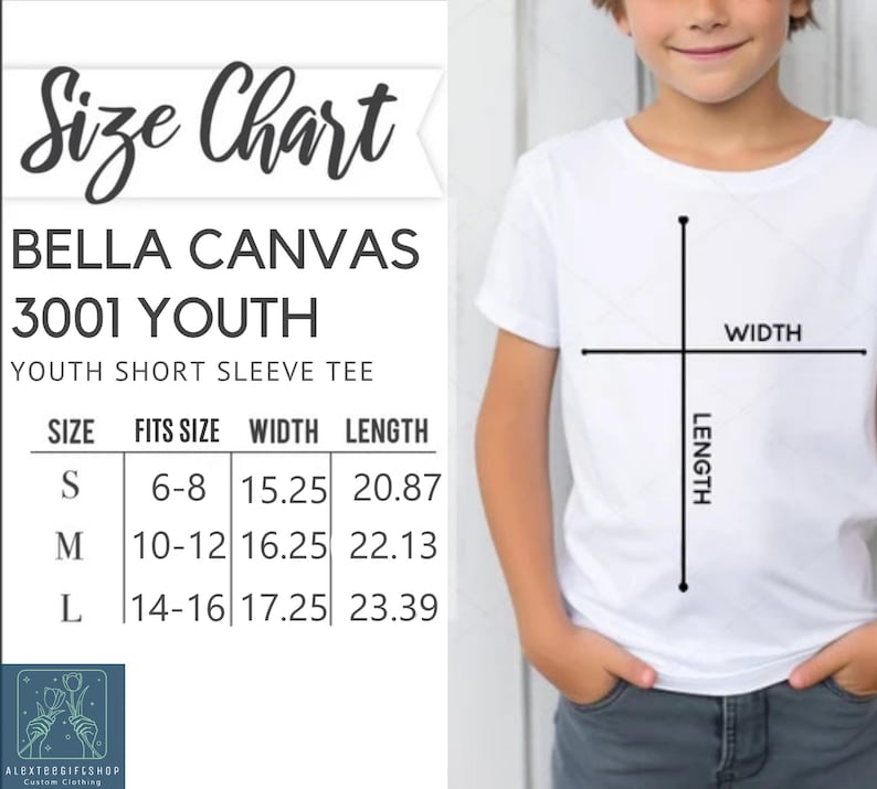 The image is a size chart for a youth short sleeve t-shirt, showing the measurements for different age groups.