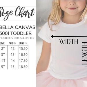 The image is a size chart for a toddler's t-shirt, showing the measurements for different age groups.