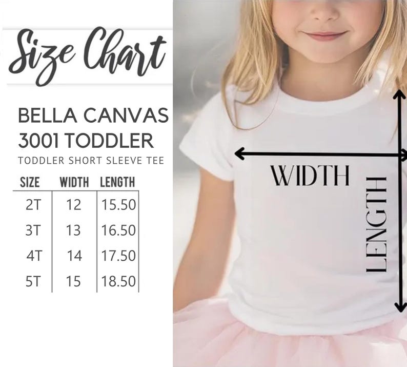 The image is a size chart for a toddler's t-shirt, showing the measurements for different age groups.