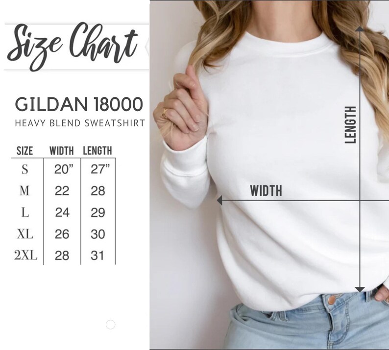 The image is a size chart for a GILDA 18000 heavy blend sweatshirt. It shows the size and width measurements for different body types, including S, M, L, XL, and 2XL. The chart also includes a diagram of a person wearing the sweatshirt, indicating the actual size and fit.